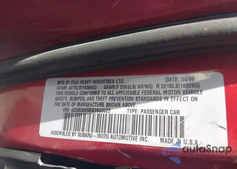 1998 Subaru Legacy Outback/Outback Limited/Outback Ltd 30Th Ann из США, поврежденный, VIN 4S3BG6856W7653522